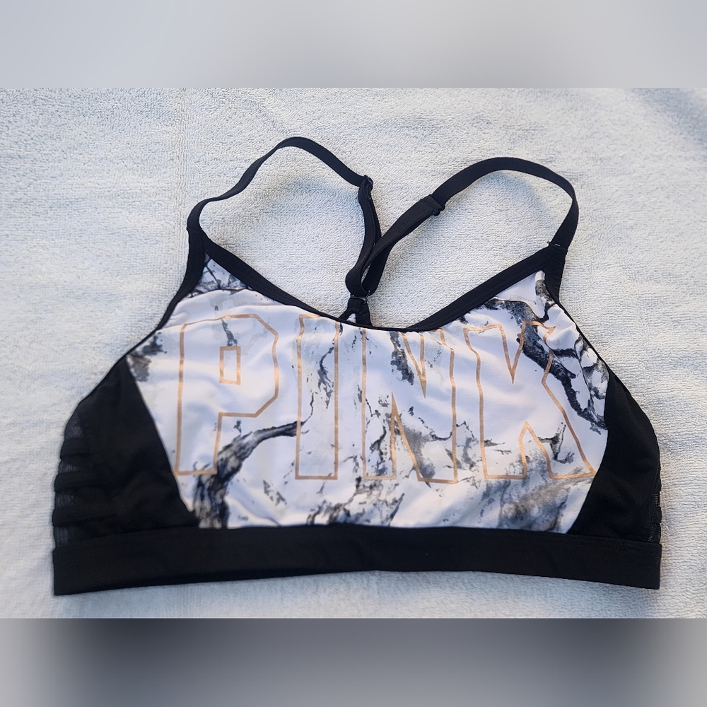 Victorias Secret PINK ladies Sports Bra Sz Large Black White Print